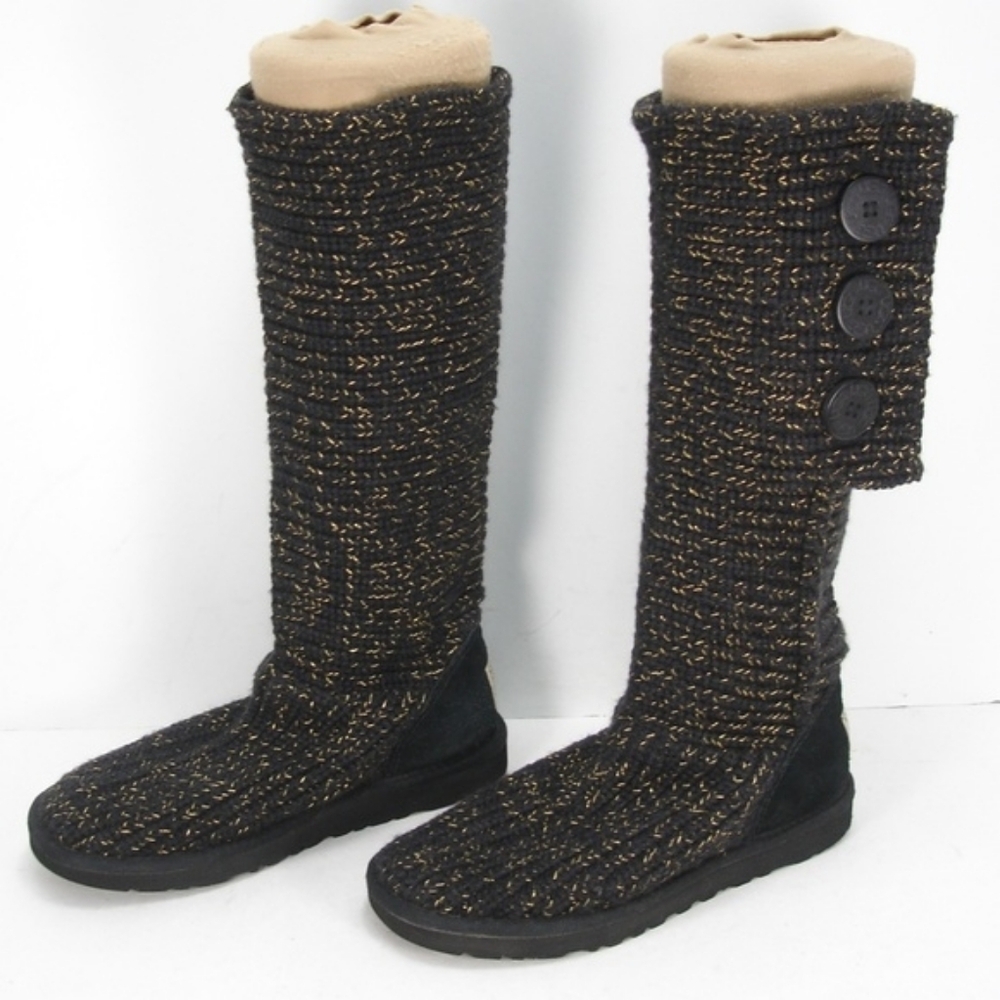 UGG VTG y2k Classic Cardy Black Gold Metallic Tall Button Knit Boots - Picture 3 of 9